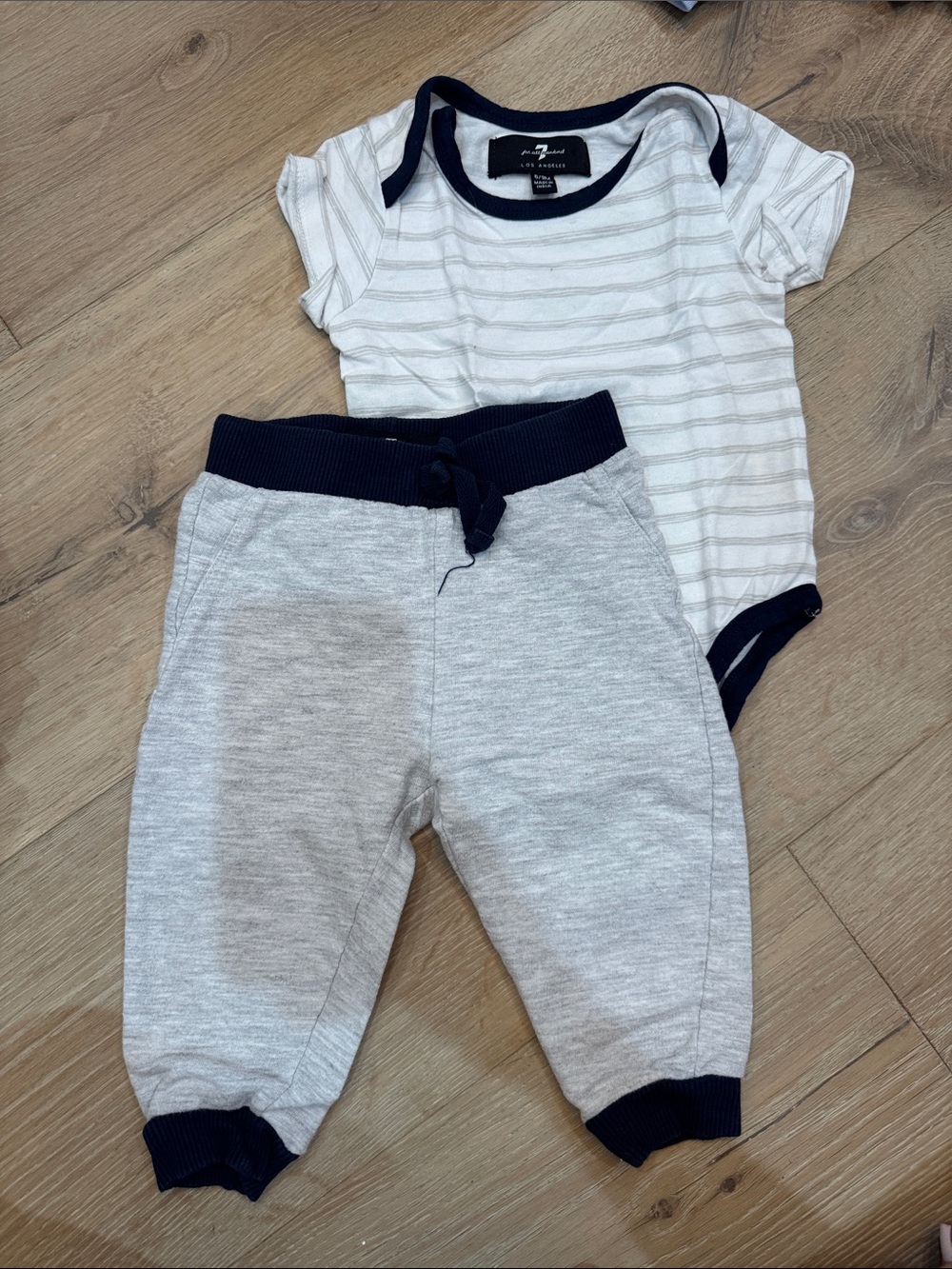 7 For All Mankind Baby Two-Piece Set in White, Light Gray & Navy
